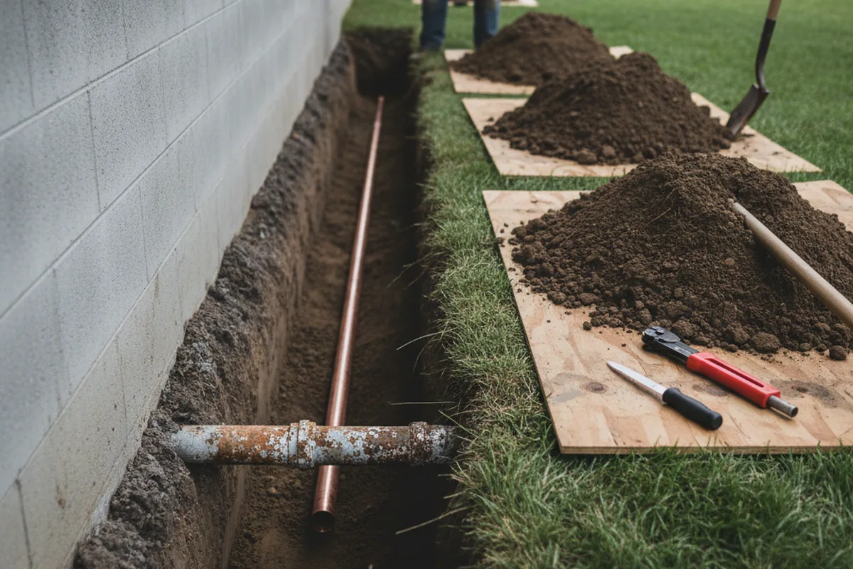 Excavated water line trench during Sewer Line Repair in Ferrum